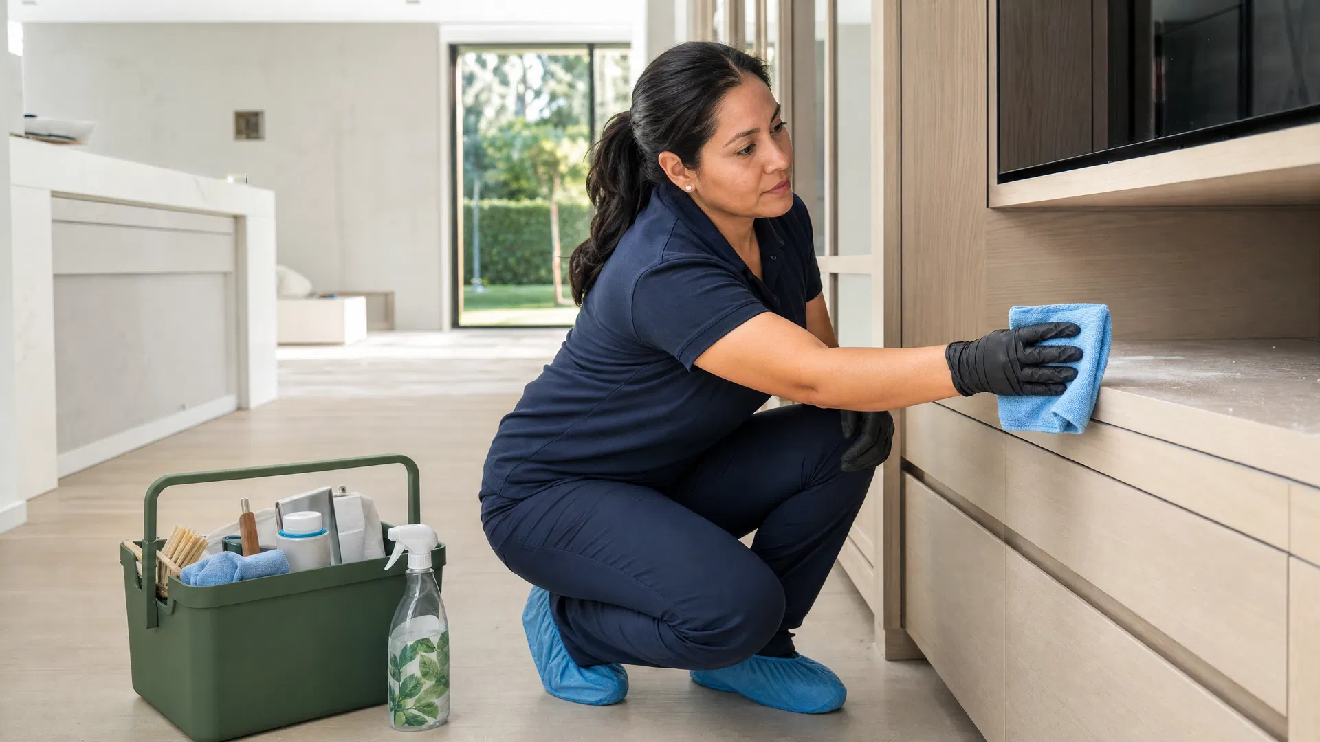 Latina professional cleaner in navy polo and gloves wiping construction dust from new custom cabinetry in an Atherton California mansion