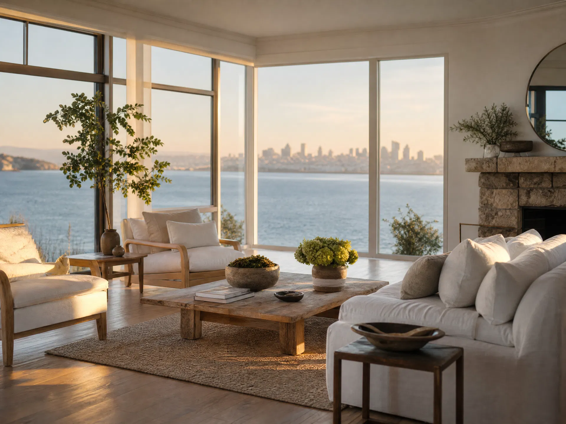 Pristine vacation rental living room in Sausalito with San Francisco Bay views through floor-to-ceiling windows