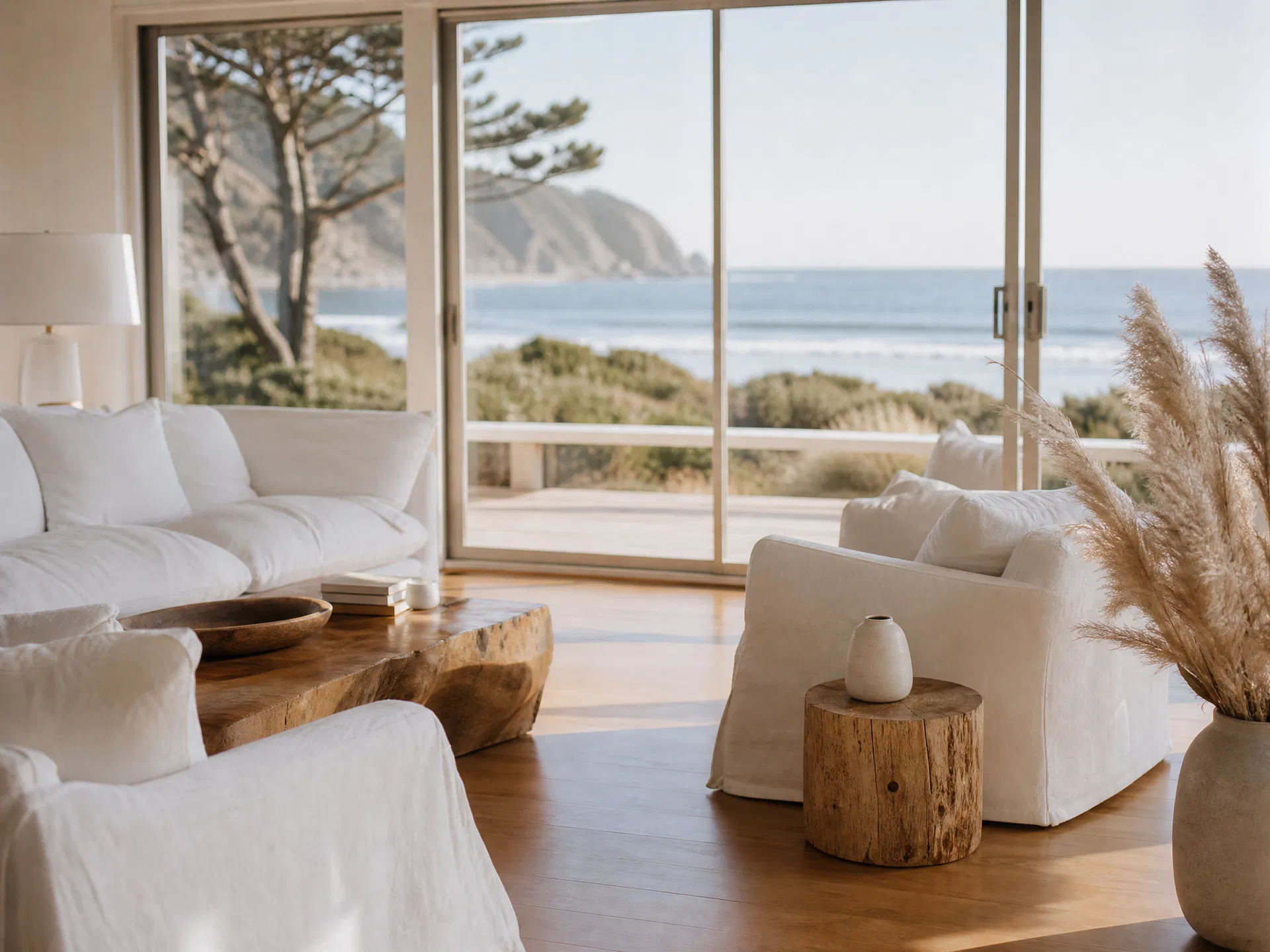 Spotless beach house living room at Stinson Beach with ocean views through large sliding glass doors