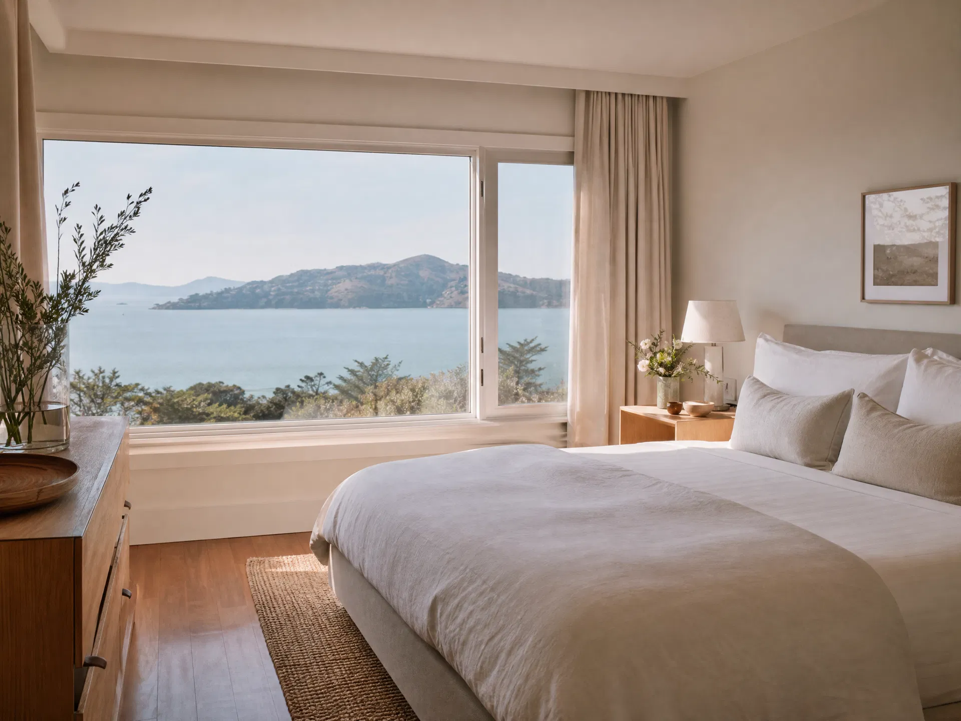 Professionally cleaned vacation rental bedroom in Tiburon with bay views and fresh linens