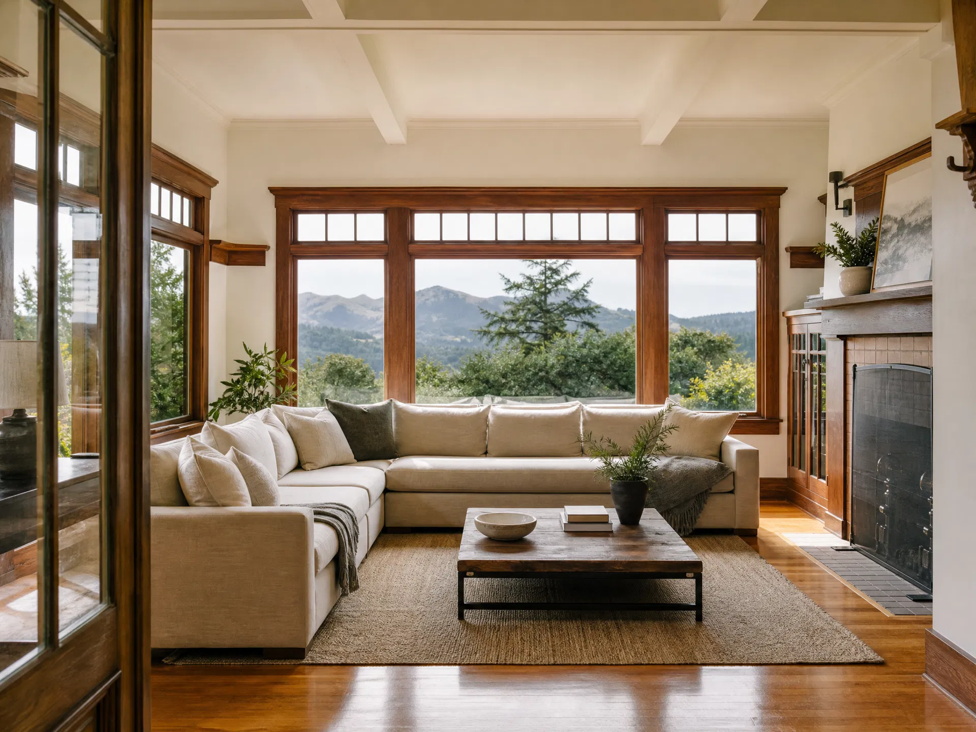 Beautifully cleaned craftsman living room in Corte Madera with gleaming hardwood floors and Mount Tamalpais views