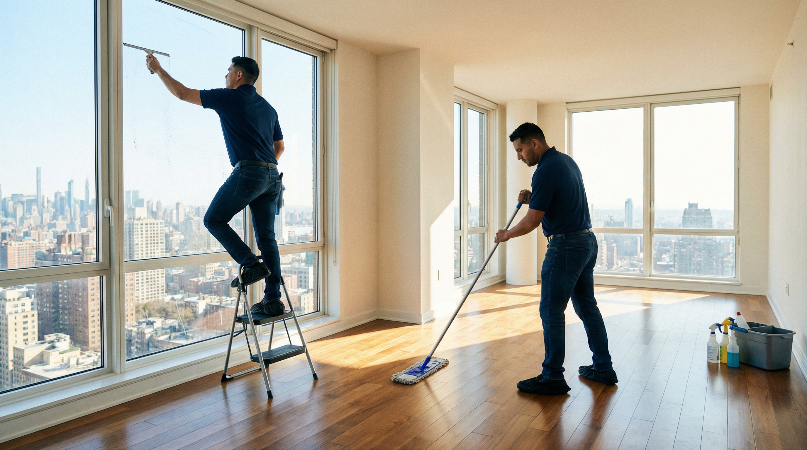 Green Planet Cleaning professional doing a move-out clean in an empty Bay Area apartment