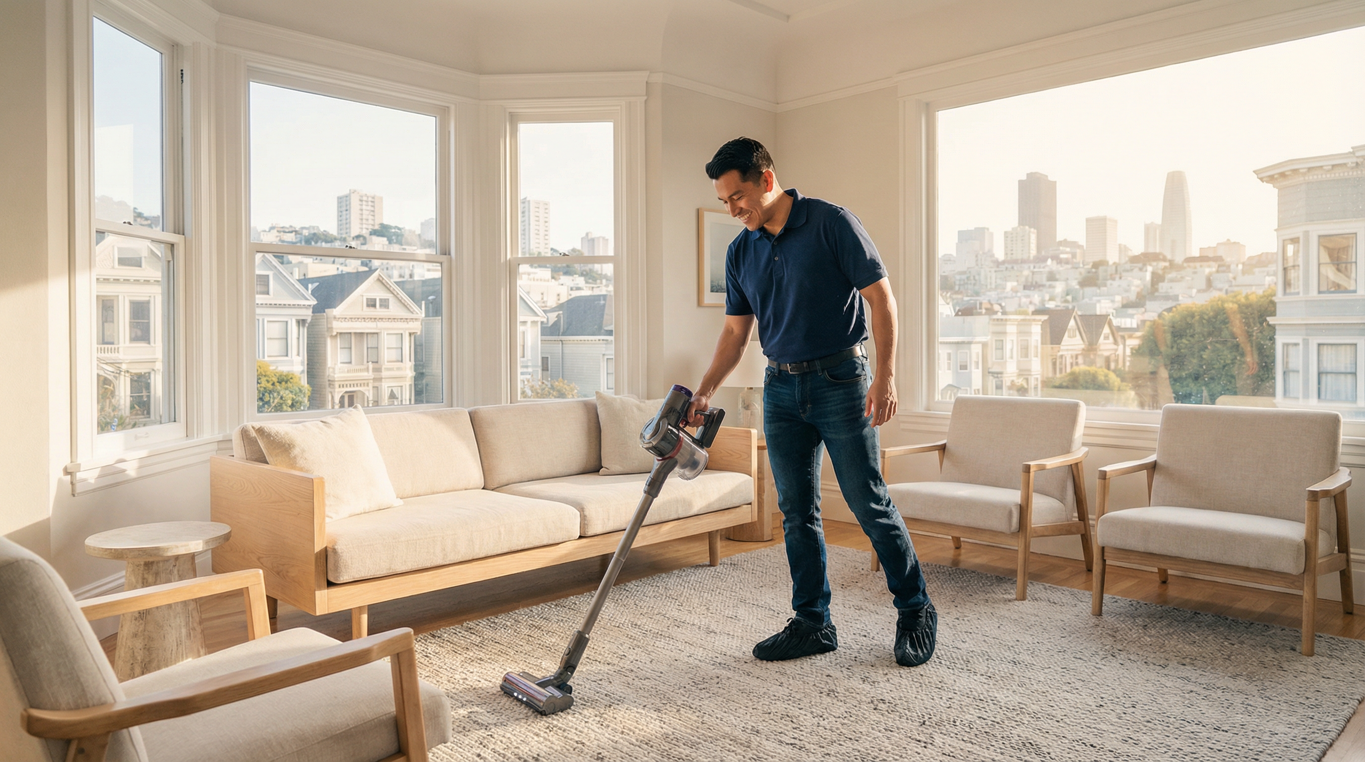 Green Planet Cleaning professional in navy polo cleaning a San Francisco kitchen