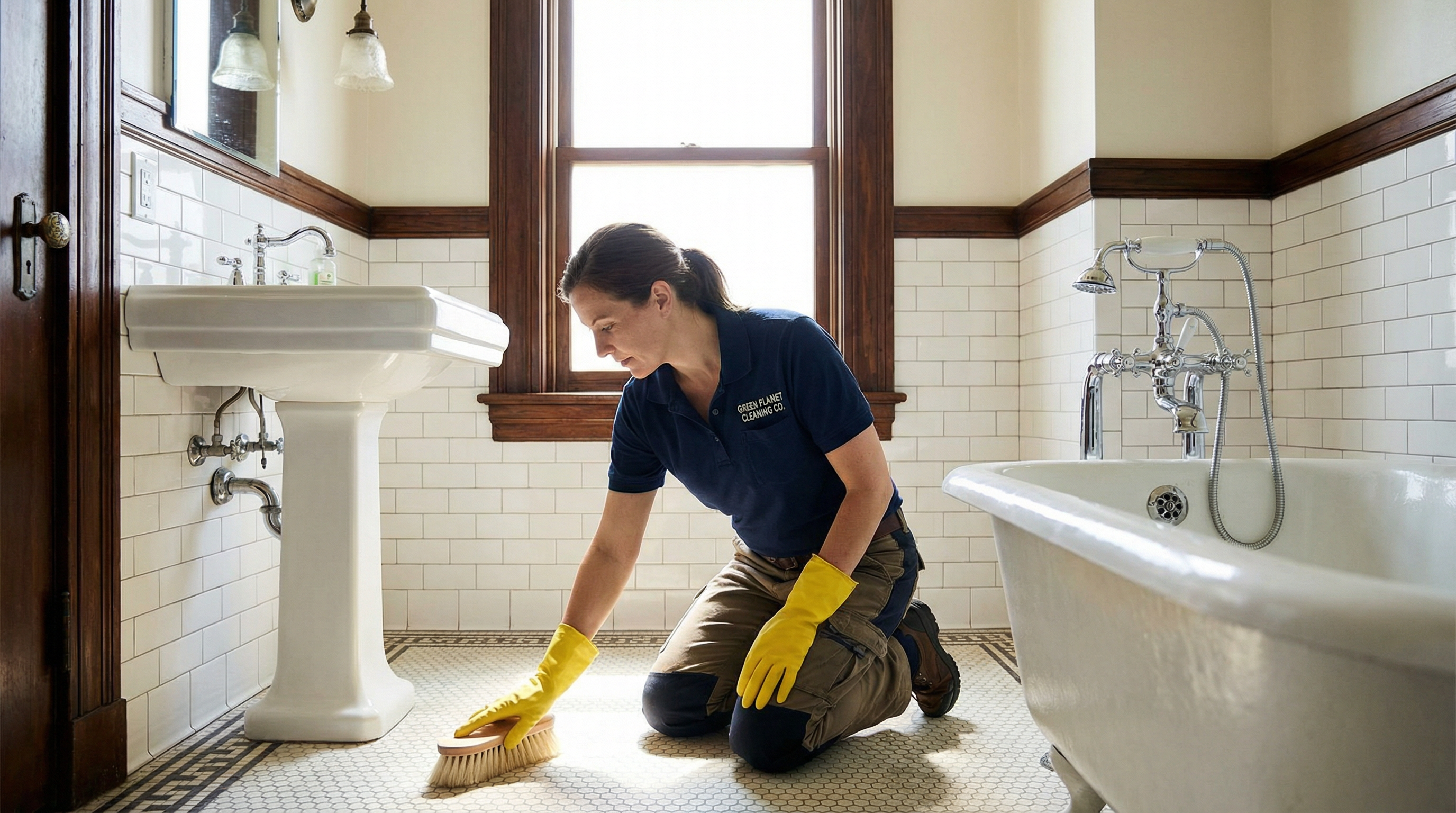 Green Planet Cleaning employee in navy polo shirt cleaning a Mission District Edwardian flat kitchen with Method spray bottle