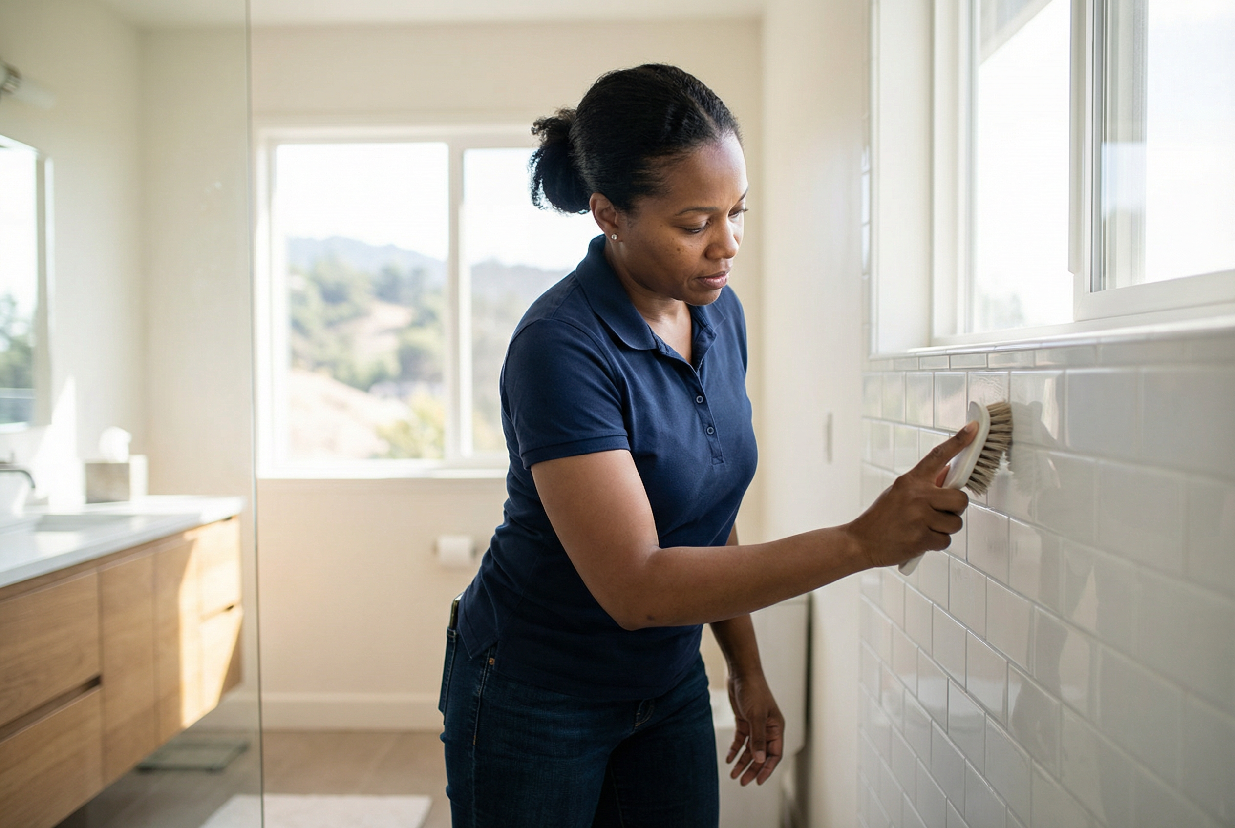 Green Planet Cleaning employee deep-cleaning a Marin County bathroom