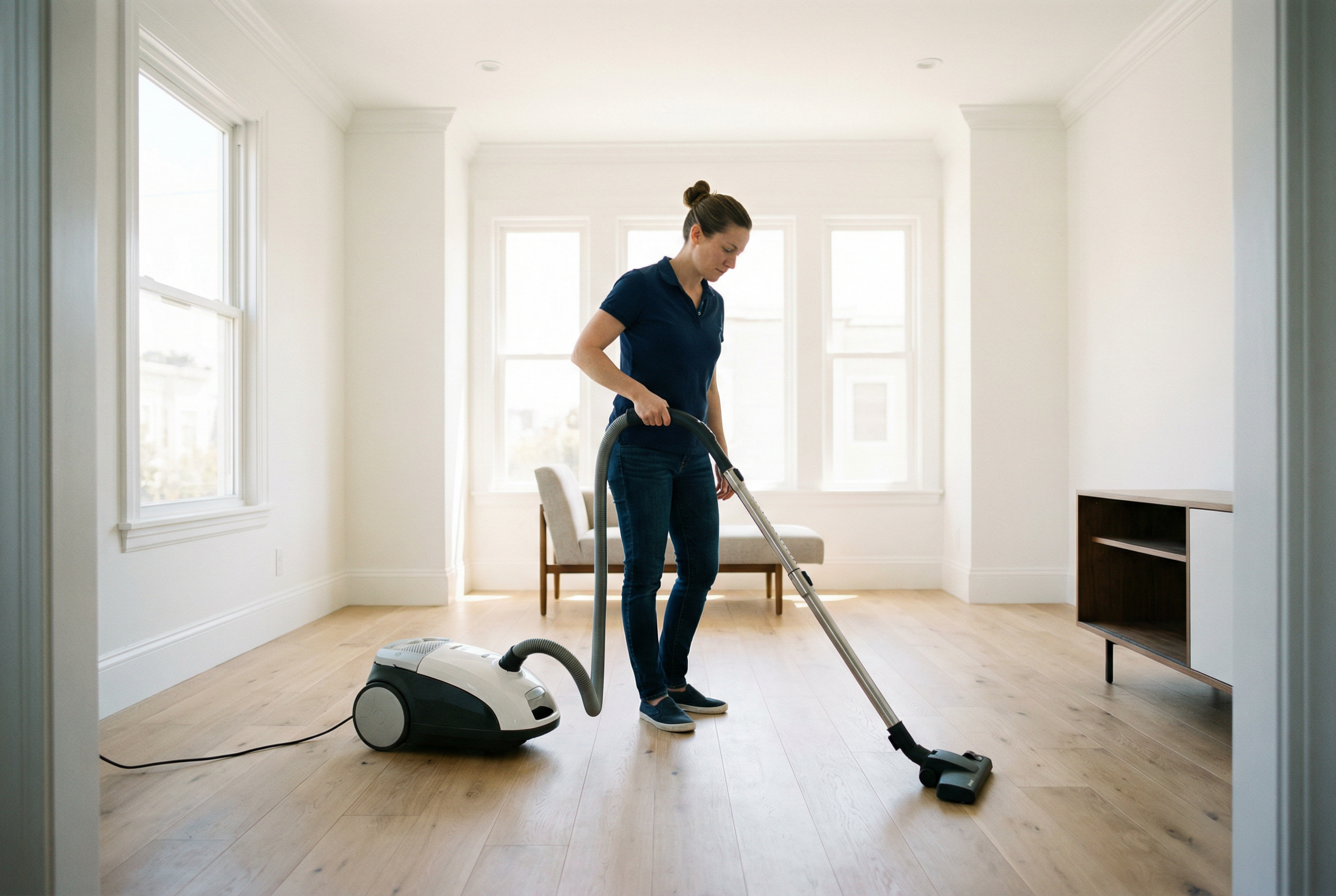 Green Planet Cleaning employee performing post-construction cleaning in a San Francisco kitchen