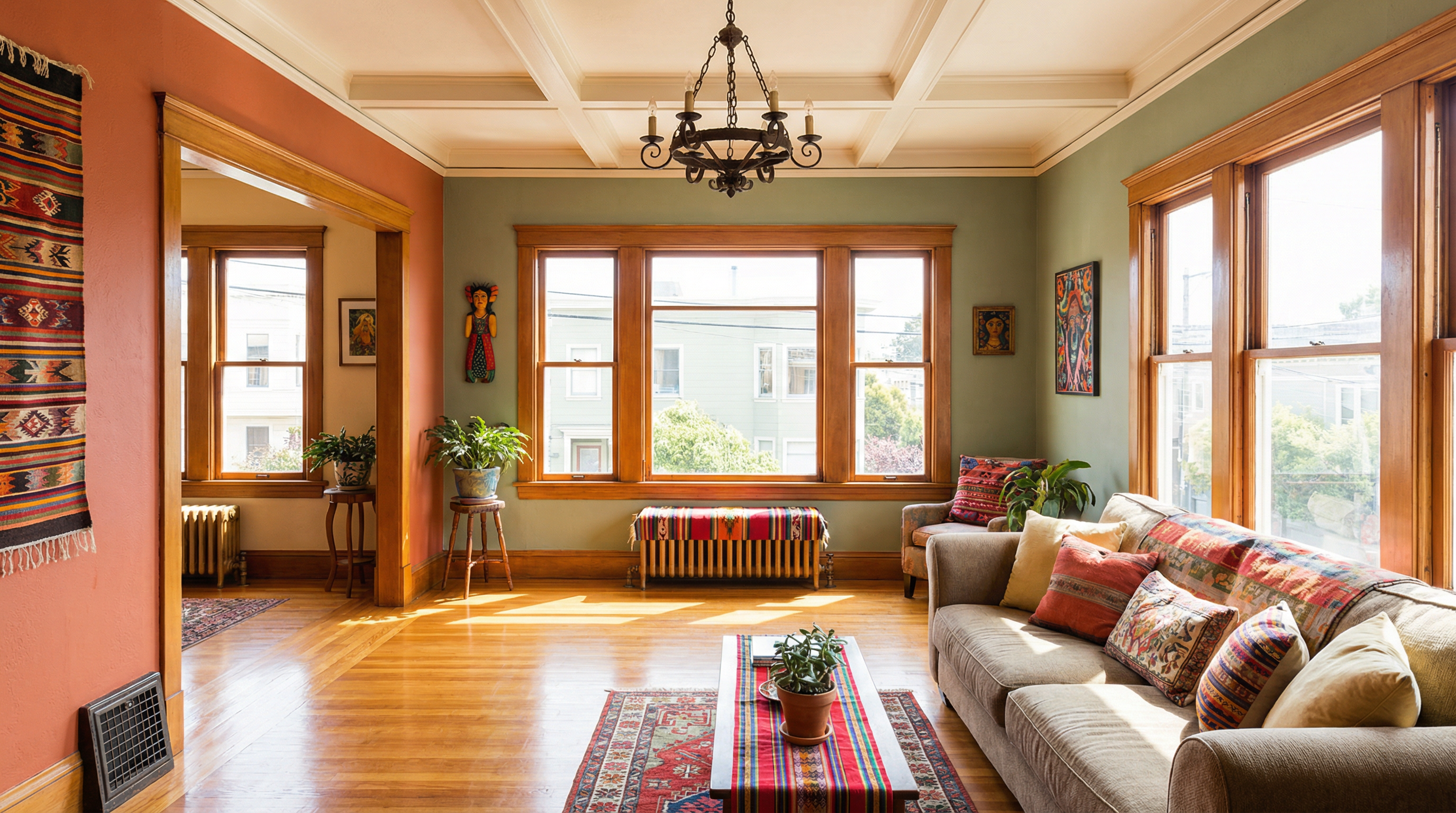 Bright Mission District Edwardian flat kitchen with original hardwood floors and modern appliances — freshly cleaned and gleaming