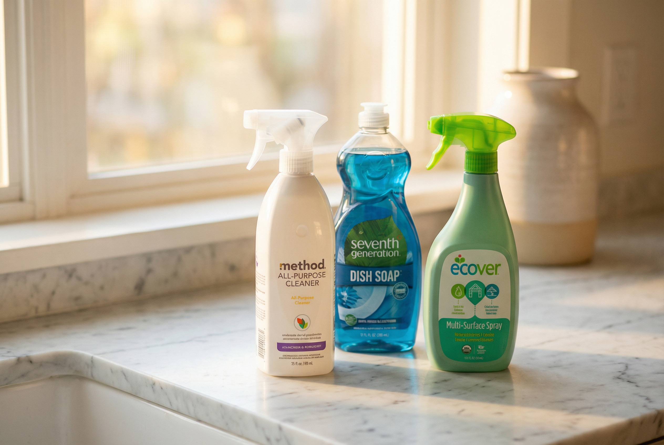 Eco-friendly cleaning products used by Green Planet Cleaning for monthly service