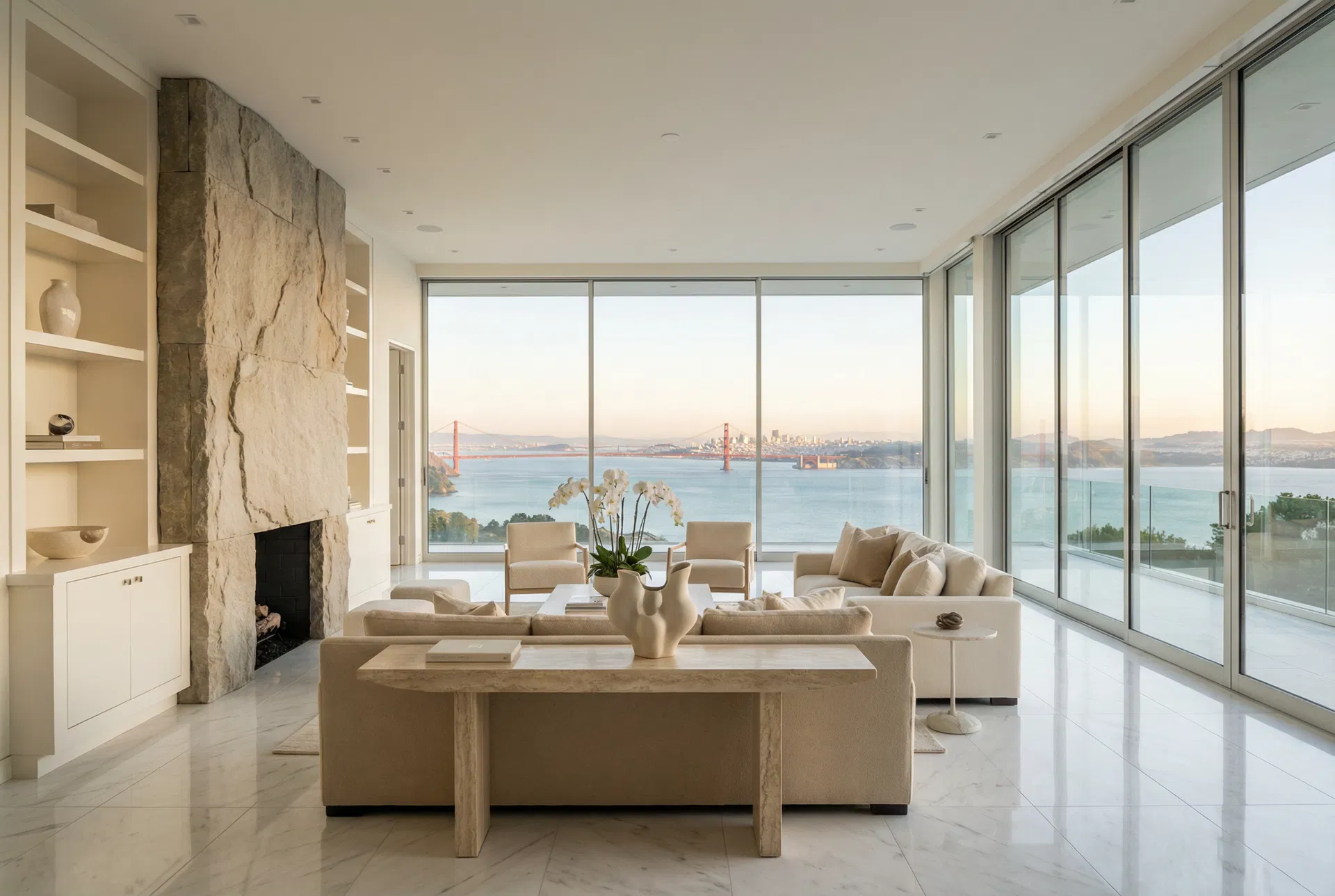Luxury Belvedere waterfront estate interior with floor-to-ceiling bay views and Golden Gate Bridge — professional house cleaning Belvedere CA