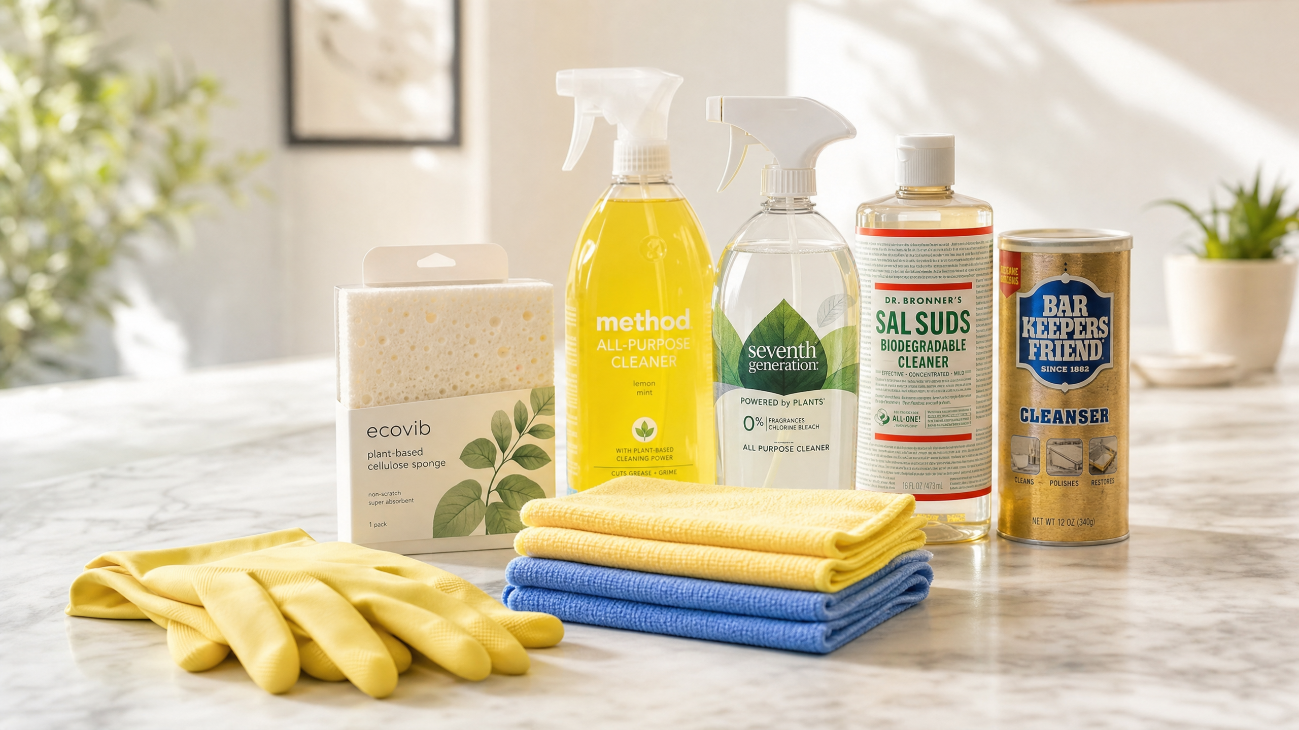 Premium eco-friendly cleaning products — Seventh Generation, Method, and Bona — arranged on a marble surface for a post-construction clean in Atherton, CA