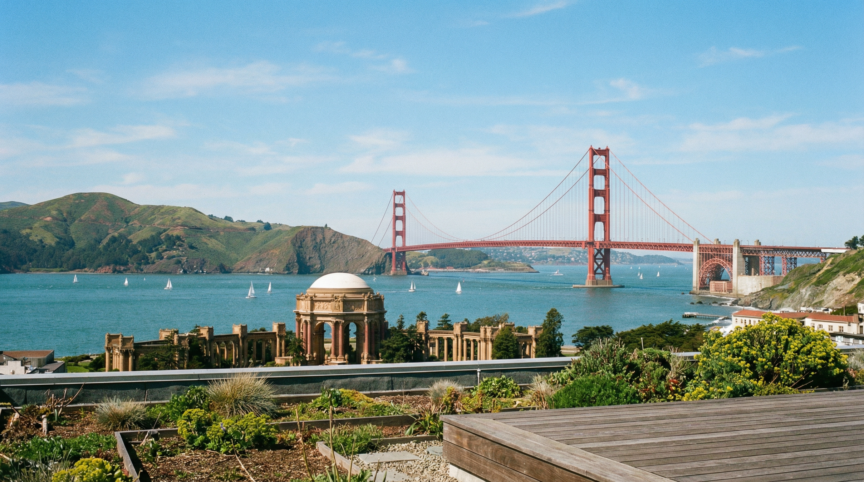 Golden Gate Bridge and San Francisco Bay view from the Marina District