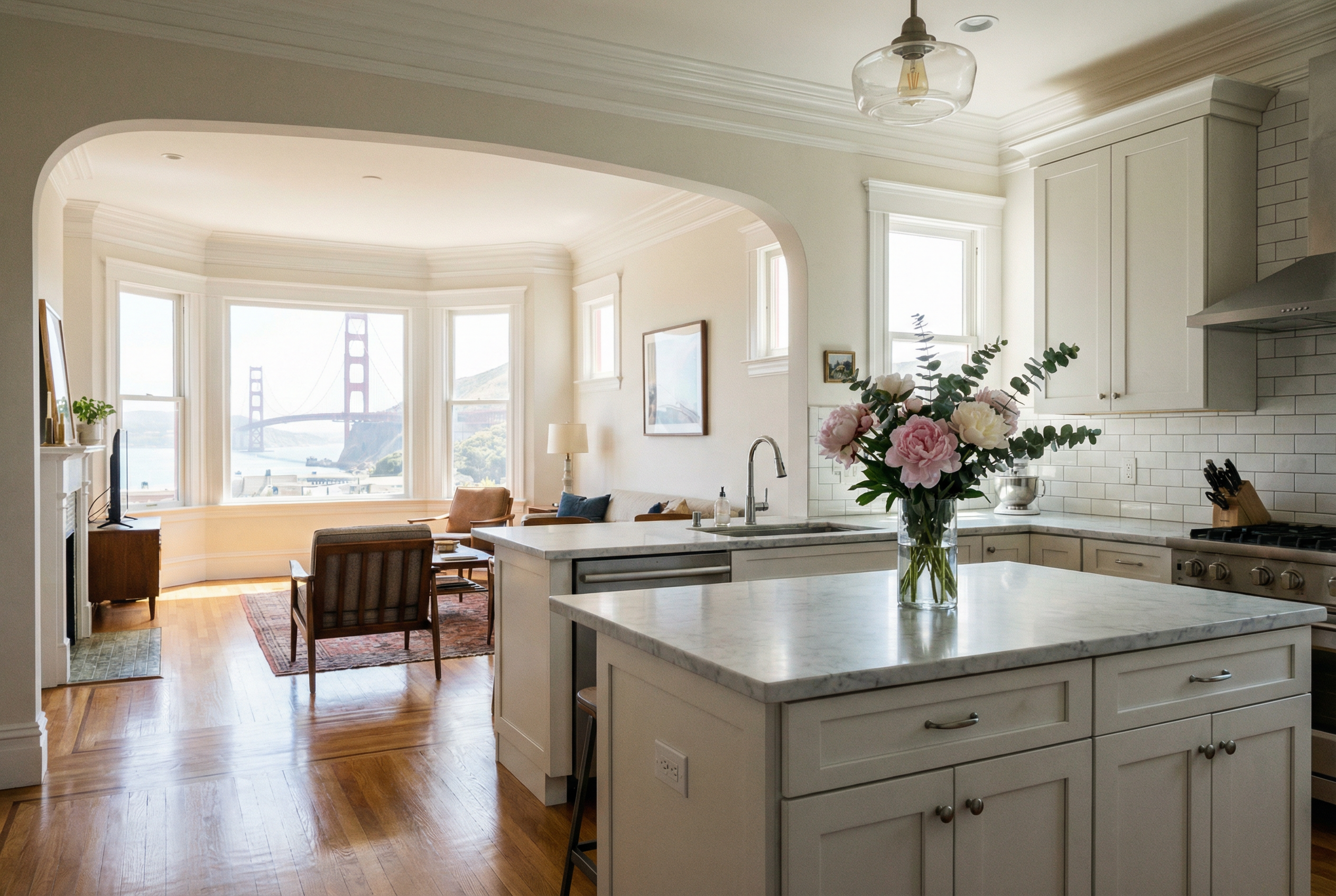 Professionally cleaned Marina District flat interior with bay views through large windows
