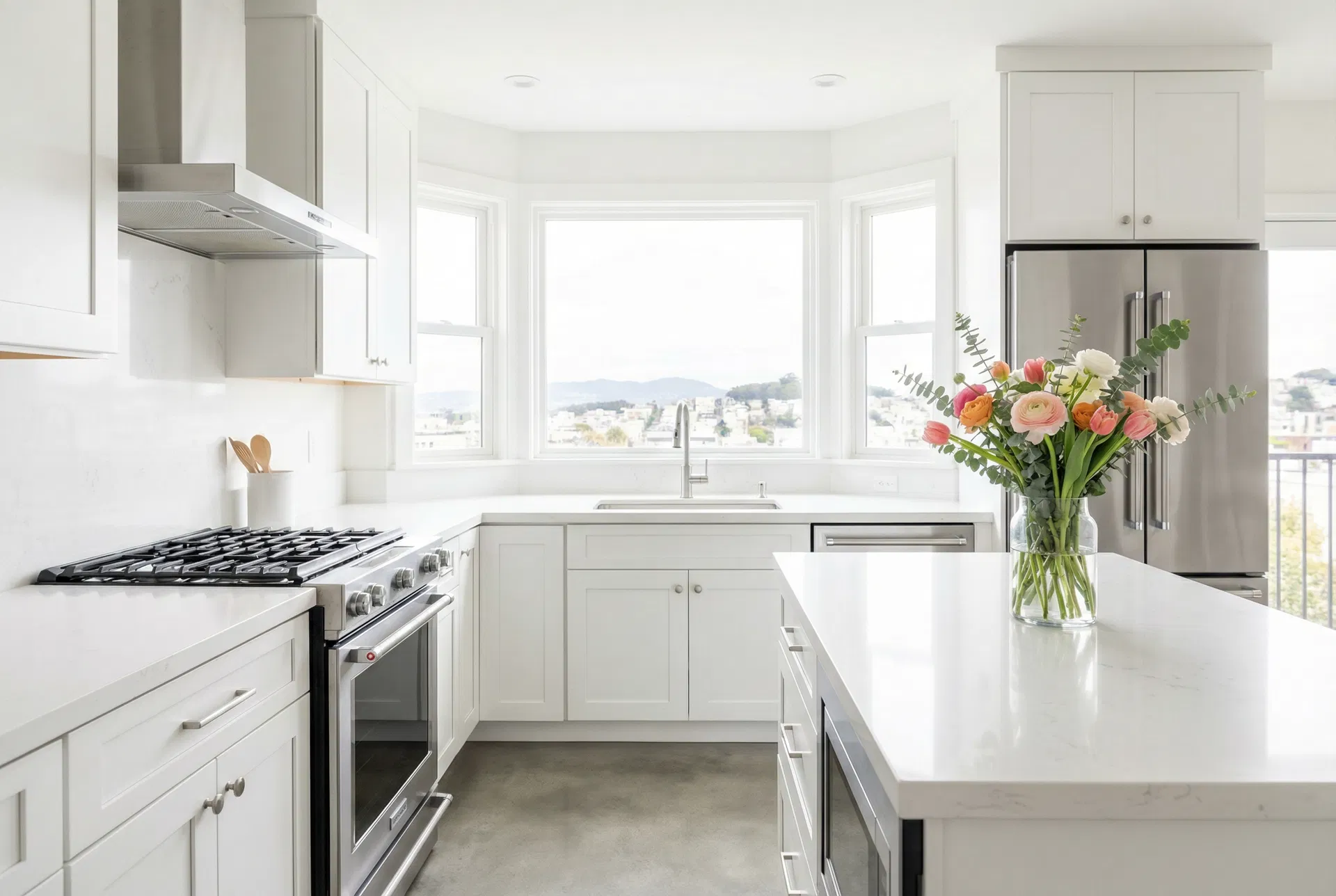 Sparkling clean San Francisco kitchen with white quartz countertops and spring flowers