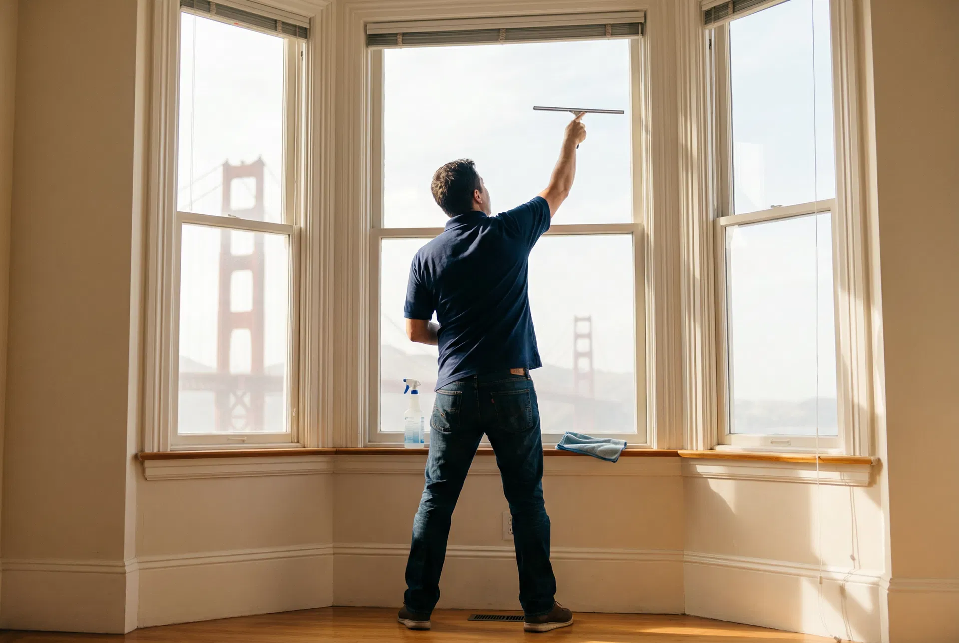 Professional cleaner cleaning bay windows with Golden Gate Bridge view in San Francisco